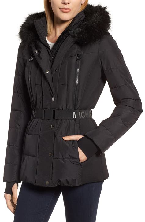 michael michael kors active faux fur trim belted puffer coat|Michael Kors puffer coats women's.